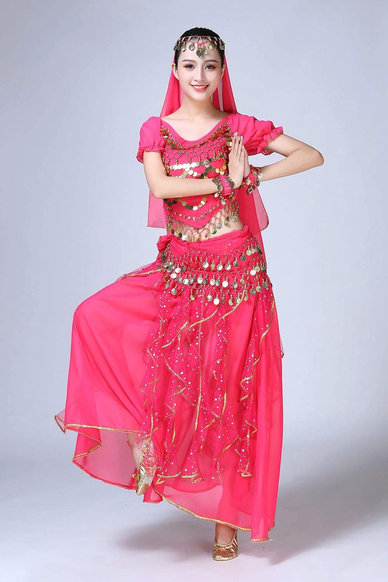 ORIDOOR Women Belly Dance Dress Indian Bollywood Halloween Costume Chiffon Skirts Shiny Belly Dance Suits 5-Piece Outfit, 004 Rose Red, One Size - Image 2